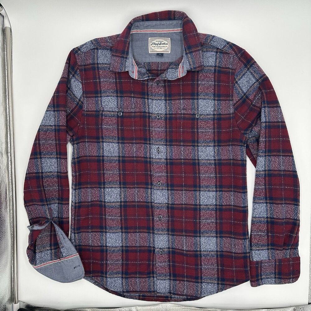 Flag & Anthem Flannel Shirt Mens S Burgundy Blue Plaid Button Up Long Sleeve
